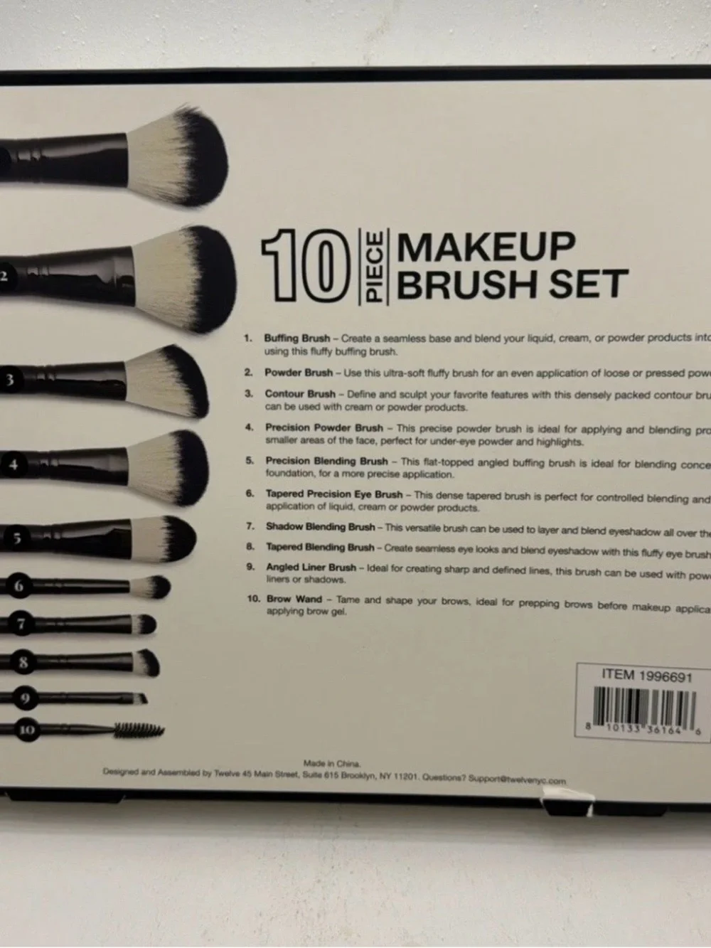 10-Piece Women's Makeup Brush Set - Black Handles with White-Tipped Bristles